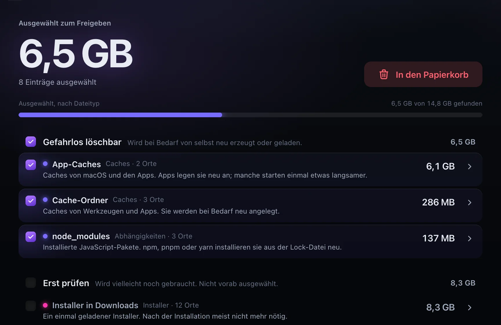 Die Aufräumvorschläge: 6,5 GB zum Freigeben ausgewählt, darunter App-Caches, Cache-Ordner und node_modules, angehakt; Installer in Downloads zum Prüfen.