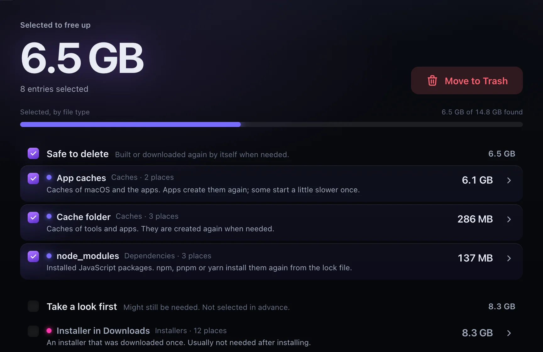 The cleanup suggestions: 6.5 GB selected to free up, app caches, cache folders and node_modules ticked; installers in Downloads to look at first.