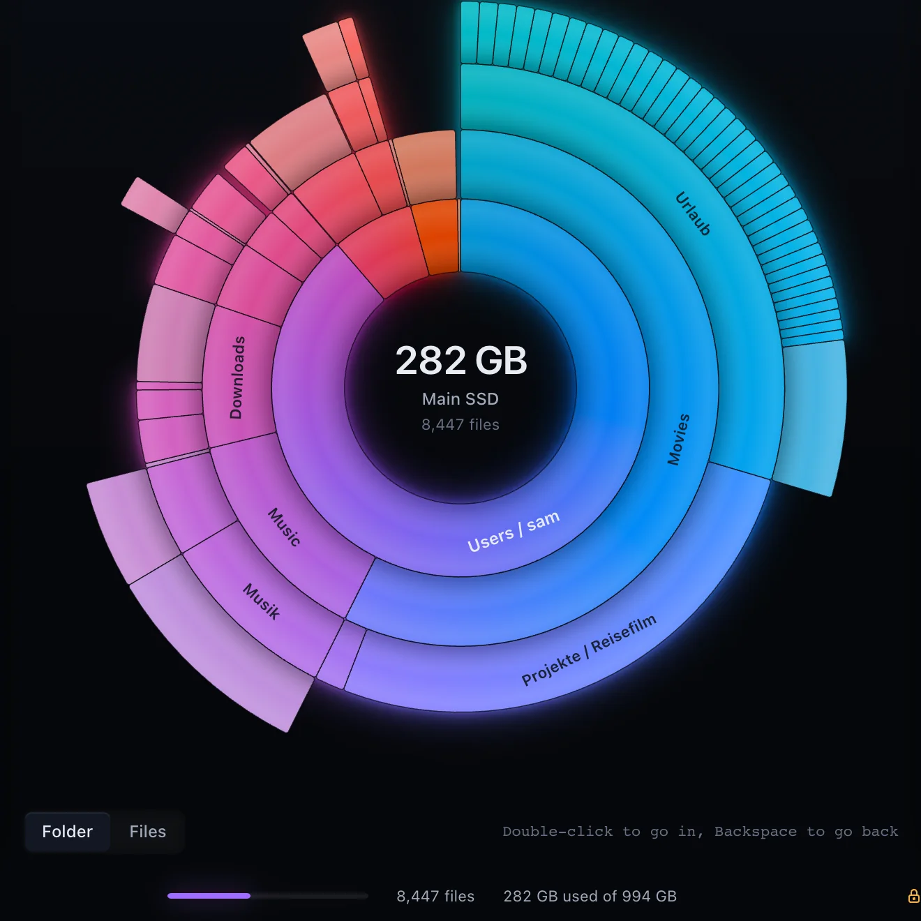 Deepsize during a scan: the rings around 282 GB are already there, the progress runs at the bottom with 8,447 files.