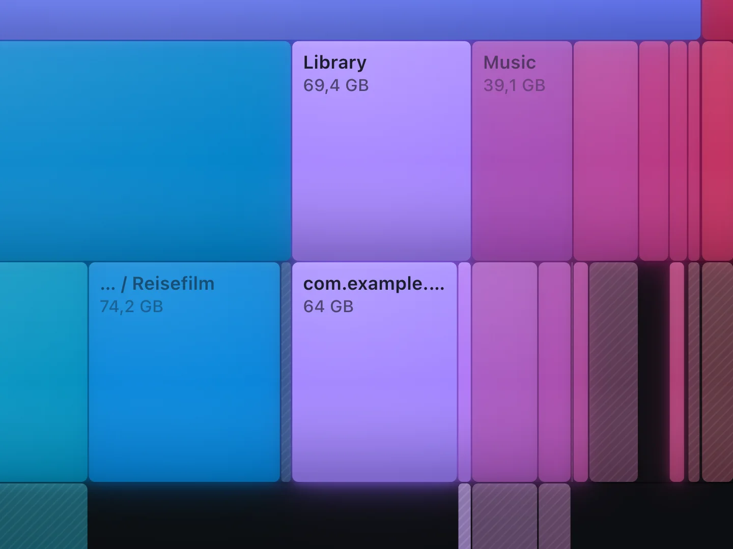 Die Schichten von Deepsize aus der Nähe: der Zeiger auf dem Ordner Library mit 69,4 GB, darunter die nächste Ebene.
