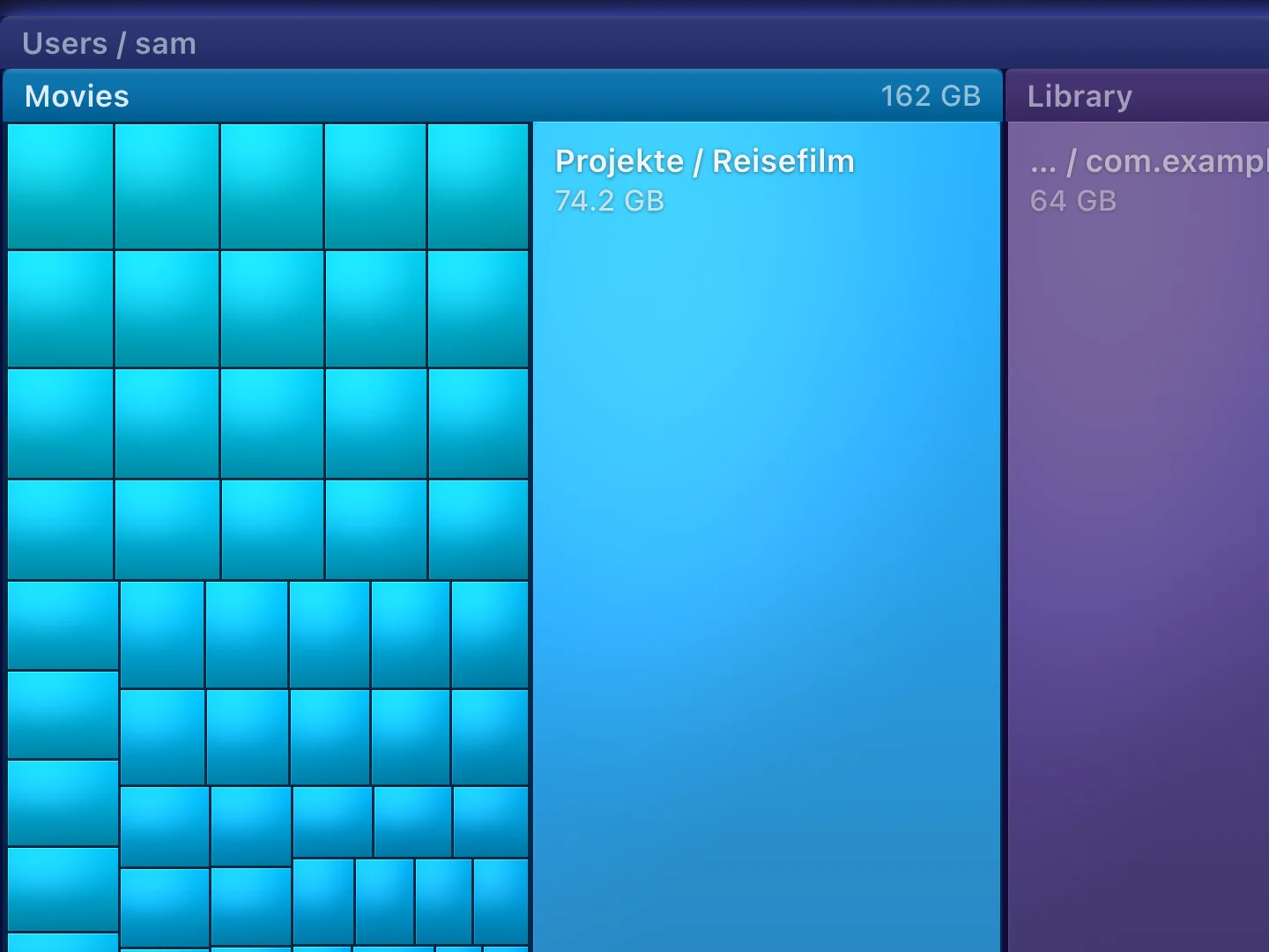 The Deepsize treemap up close: the pointer on the folder Reisefilm with 74.2 GB, the files beside it as areas.